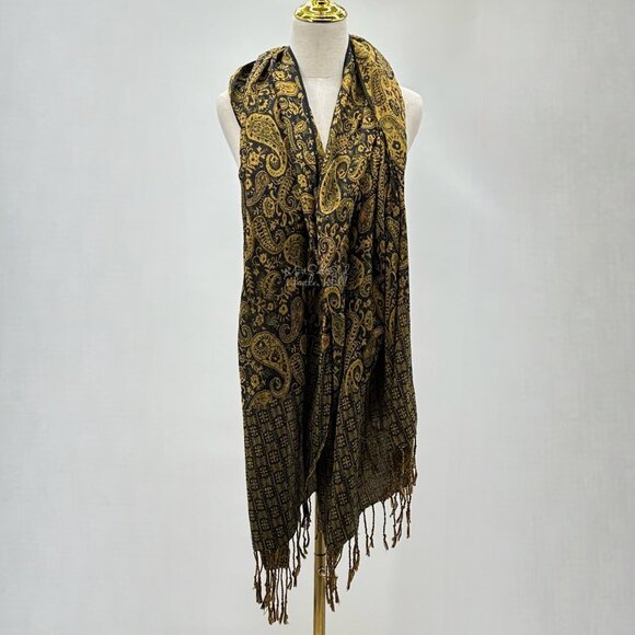 Vintage Paisley & Geometric Pattern Scarf/Shawl w/ Fringe Viscose Made In India - Picture 4 of 5